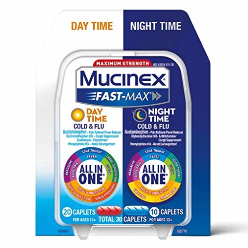 Mucinex Fast-Max Day Time Cold & Flu and Night Time Cold & Flu Medicine, 30 Caplets, Maximum Strength All in One Multi Symptom Relief for Congestion, Sore Throat, Headache, Cough and Reduces Fever