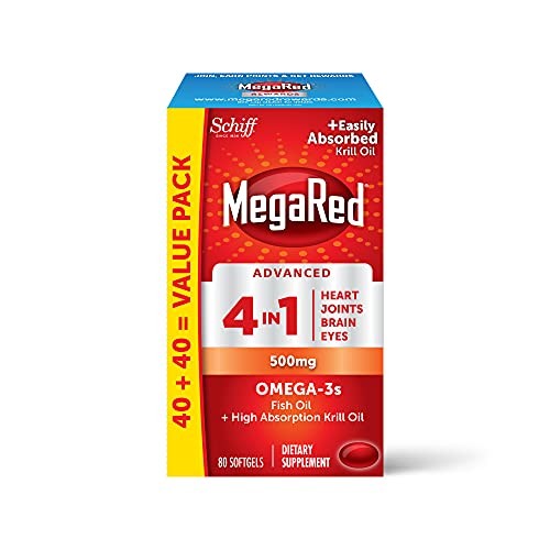 Omega 3 Fish Oil & Antarctic Krill Oil Softgels for Brain, Heart, Joints & Eye Support, MegaRed (80 count bottle), Concentrated Omega 3 Fatty Acid Supplement with EPA, DHA, Phospholipids