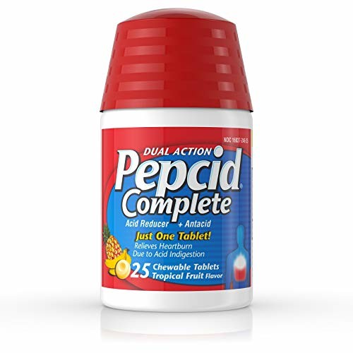 Pepcid Complete Dual Action Acid Reducer + Antacid Chewable Tablets Tropical Fruit Flavor, 25 Tablets (Pack of 2)